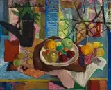 Maud Sumner, Still Life with Fruit on Blue Table, oil on canvas