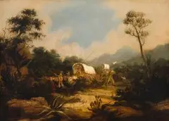 Thomas Baines, A Party Attacked, oil on paper laid down on canvas