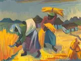 Harvesters by Maggie Laubser, oil on canvas laid down on board, sold Nov 2017
