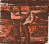 Peter Clarke, Bathers Undressing In The Wind, colour linocut