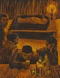 Peter Clarke, The Wake, colour linocut