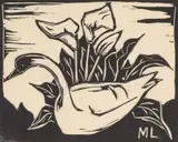 Maggie Laubser, Swan and Arum Lilies, linocut