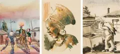 Durant Sihlali, Sunset at Duduza; Zulu Woman; The Coal Merchant, three, colour monotype