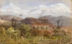 A missionary station called Amaliënstein near Ladismith, Cape Colony, recto; Rocky Mountains with Pathway, verso by Abraham de Smidt, watercolour on paper, sold Sep 2017