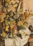 Table Arrangement with Flowers and Fruit by Maud Sumner, watercolour and pen on card, offered Sep 2017