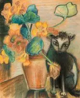Maggie Laubser, Cat with Nasturtiums, pastel and charcoal on paper