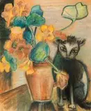 Maggie Laubser, Cat with Nasturtiums, pastel and charcoal on paper