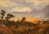 Allerley Glossop, Burning the Grass in Bergville, oil on card laid down on board