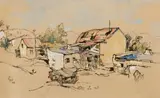 Old Wagon and Cottages, Oudtshoorn by Gregoire Boonzaier, watercolour on paper, sold Sep 2017