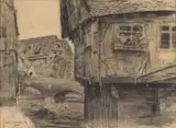 Frans Oerder, A Canal in Bruges, charcoal on paper