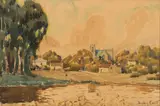 Village with Church by Sydney Carter, watercolour on paper, offered Sep 2017