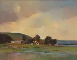 Errol Boyley, Landscape with Farm Houses, oil on paper laid down on cardboard