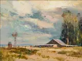 Christopher Tugwell, Old Farm Sheds, oil on board