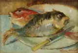 Still Life with Fish on a Plate by Terence McCaw, oil on board, sold Sep 2017