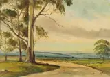 Christopher Tugwell, Landscape with Trees and Road, oil on board