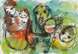 Frans Claerhout, Figures with Donkey and Sunflower, mixed media on paper