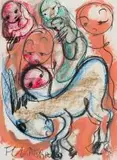 Frans Claerhout, Figures and Donkey, mixed media on paper