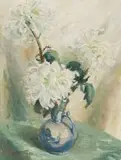 Emily Isabel Fern, Chrysanthemums in a Blue Jug, oil on canvas laid down on board