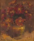 Zinnias in a Stoneware Vase by Adriaan Boshoff, oil on canvas laid down on board, sold Sep 2017