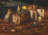 Otto Klar, A Figure Seated by a Shack, oil on board