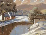 Sydney Carter, Cape Cottages with Figures by a Stream, gouache on paper laid down on card