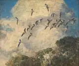 Heinrich von Michaelis, Flamingos in Flight, oil on board