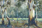 Sydney Carter, Gum Trees by a River, gouache on paper laid down on card