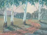 A Road Winding Through Gum Trees by Sydney Carter, watercolour and gouache on artist's board, offered Sep 2017
