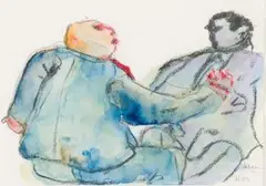 Robert Hodgins, Two Men, charcoal and watercolour on paper
