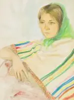 Fleur Ferri, Woman in Green Scarf, watercolour and pencil on paper