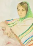Fleur Ferri, Woman in Green Scarf, watercolour and pencil on paper