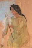 Marjorie Wallace, Woman Carding Wool, mixed media on paper
