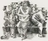 Ezrom Legae, Three Seated Figures, charcoal on paper