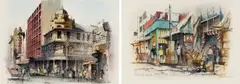 Philip Bawcombe, Market Street Johannesburg; Eloff Street Johannesburg 1958, charcoal and watercolour on paper