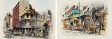 Philip Bawcombe, Market Street Johannesburg; Eloff Street Johannesburg 1958, charcoal and watercolour on paper