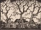 Three Oaks with Houses by Gregoire Boonzaier, linocut, sold Jul 2017