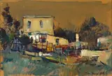 Landscape with Houses I by Titta Fasciotti, oil on cardboard, sold Jul 2017