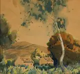 Landscape with Cottages by Sydney Carter, watercolour on paper laid down on card, sold Jul 2017