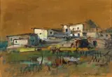 Landscape with Houses II by Titta Fasciotti, oil on cardboard, sold Jul 2017