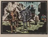 Two Donkeys and Cart by Gregoire Boonzaier, linocut with hand colouring, sold Jul 2017