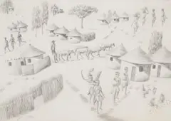 Helen Sebidi, Village Scene, pencil on paper