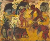 Figures and Houses by Frans Claerhout, oil on board, offered Jul 2017