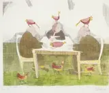 Pieter van der Westhuizen, Three Men with Chickens, colour etching