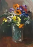 Otto Klar, Still Life with Flowers in a Glass Vase, oil on cardboard
