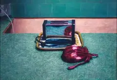 Andries Gouws, Toaster and Tea Cosy on Green Formica, oil on board