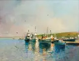 Anchored Boats by Errol Boyley, oil on canvas, sold Jun 2017