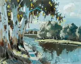 Sydney Carter, Trees and lake, gouache on card