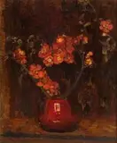 Frans Oerder, Flowering Quince in a Red Vase, oil on canvas
