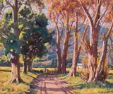 Sydney Carter, Farm Entrance through Trees, oil on canvas laid down on board