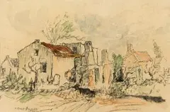 Alexander Rose-Innes, Cottages, charcoal and watercolour on paper